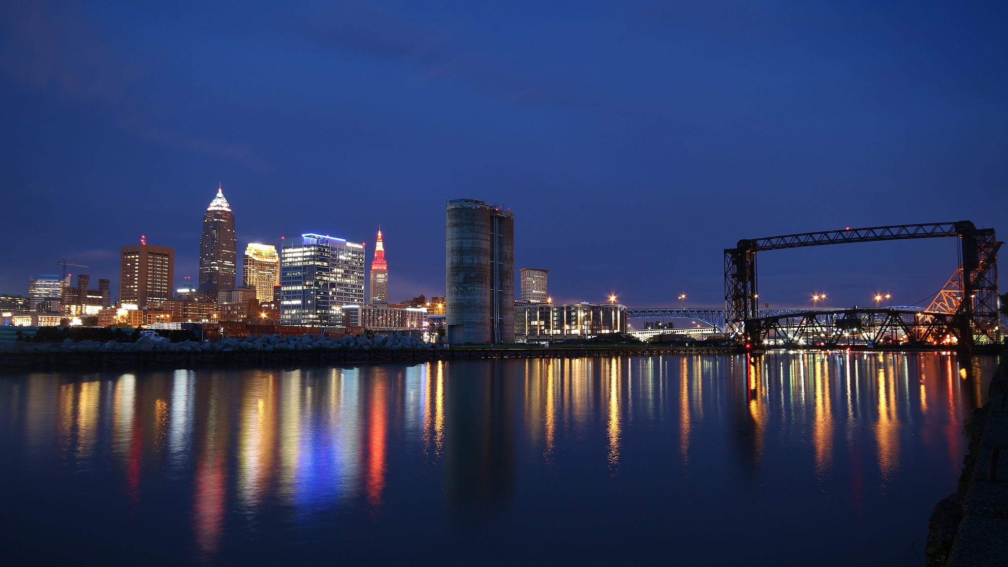 Downtown Cleveland and the Cuyahoga River at blue hour
